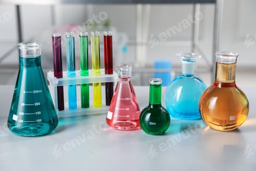 Preview: Different laboratory glassware with color liquids on light table indoors