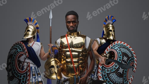 Preview: Black greek soldier with two comrades against grey background