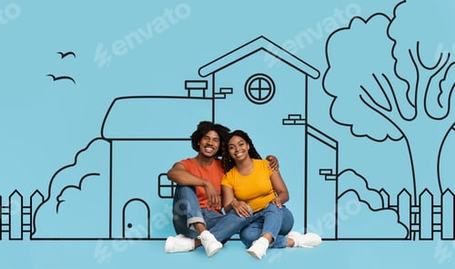 Preview: Young Couple Sitting Together With Illustrated Background of a House