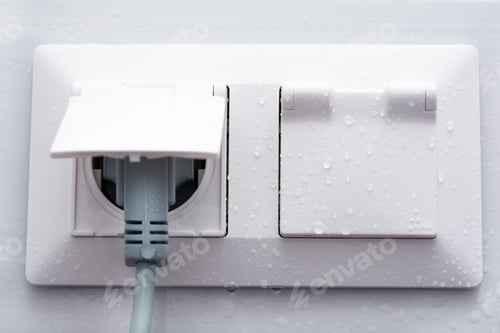 Preview: Weatherproof socket on a white tiled wall with water droplets.