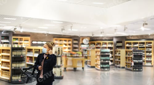 Preview: Supermarket Shopping, Face Mask And Gloves,Woman Choosing A Dairy Products At Supermarket