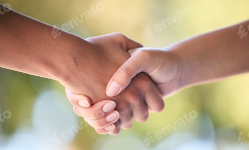 Preview: Handshake, support and hands for support in sports, fitness and exercise in outdoor park. Teamwork,