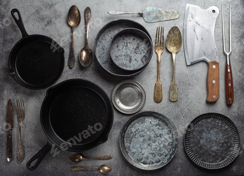 Preview: Old vintage tableware and kitchen utensils on rustic stone background