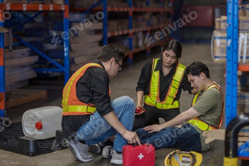 Preview: First aid support accident at work of worker at factory.