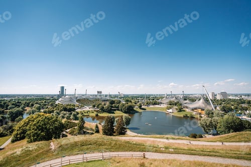Preview: View of Olympia Park with Olympia Tower Olympiaturm in Munich, Bavaria Germany