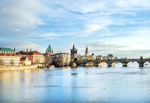 Preview: The view over the Vltava river, Charles bridge and white swans f