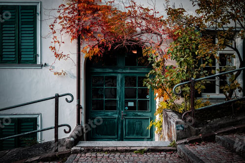 Preview: Exterior view of an old building with a vintage door and autumn leaves in Zurich, Switzerland