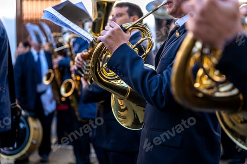 Preview: Wind instrument music band making music on the street.