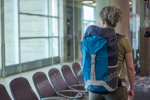 Preview: Tourist walking in airport terminal while carrying backpack