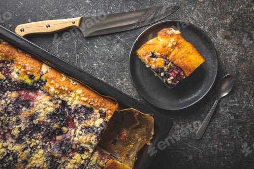 Preview: Homemade sponge cake with fruit. Sweet fruity pie.