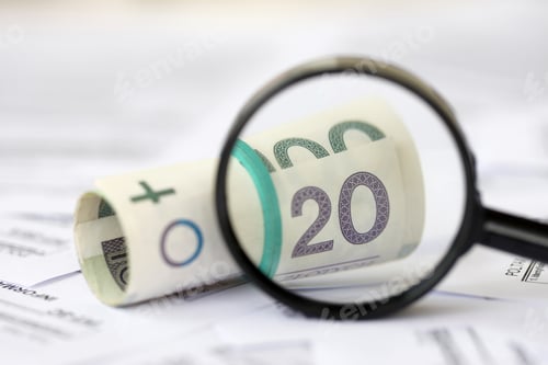 Preview: Polish zloty money and magnifying glass on big amount of polish tax forms close up