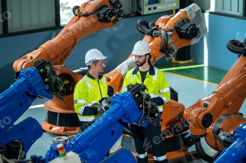 Preview: Electronics engineer works with robot checking voltage and program response time.