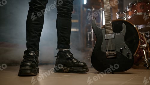 Preview: Cropped view on rocker feet legs on stage with electric guitar