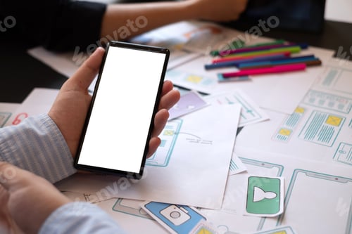 Preview: Mock up. Teamwork process, Graphic designer creative planning work together on website ux ui app dev