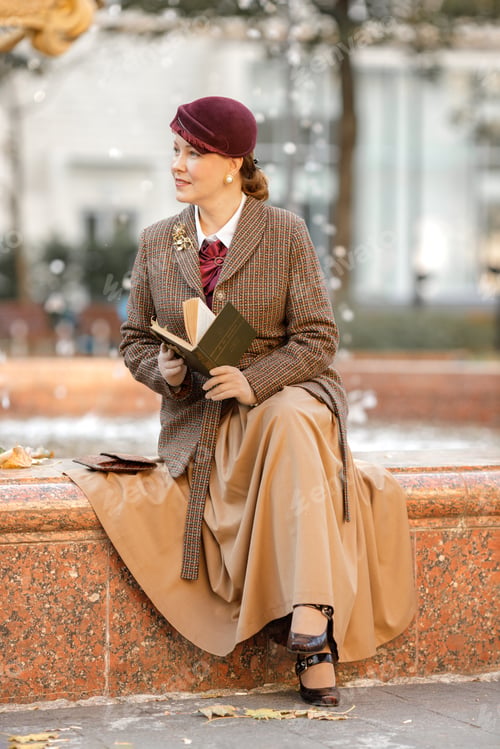 Preview: A brunette in vintage clothes and a hat with a book in her hands sits on a bench in an autumn park.