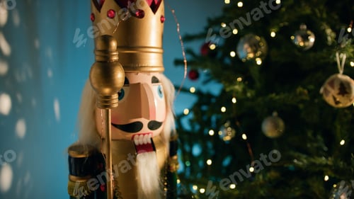 Preview: Nutcracker against Christmas tree and wreath decoration on the bookshelf