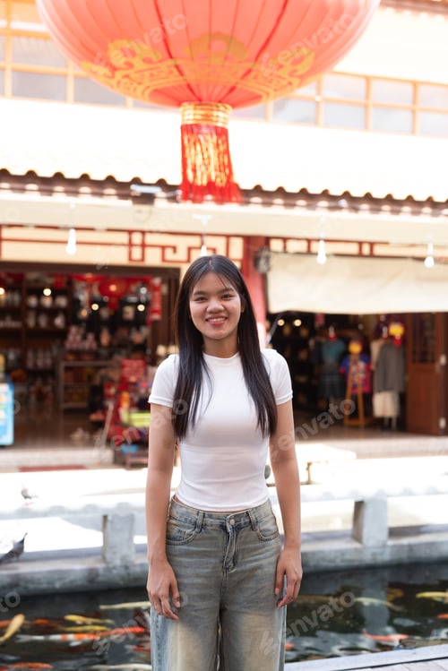 Preview: Young Asian woman in Chinese outdoors market shopping