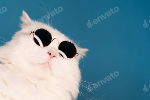 Preview: Luxurious domestic kitty in glasses poses on turquoise background wall