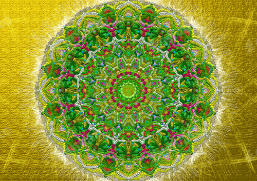 Preview: Closeup of an intricate and colorful mandala pattern on gold background