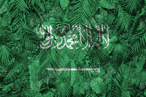 Preview: Saudi Arabia flag depicted on many leafs of monstera palm trees. Trendy fashionable background