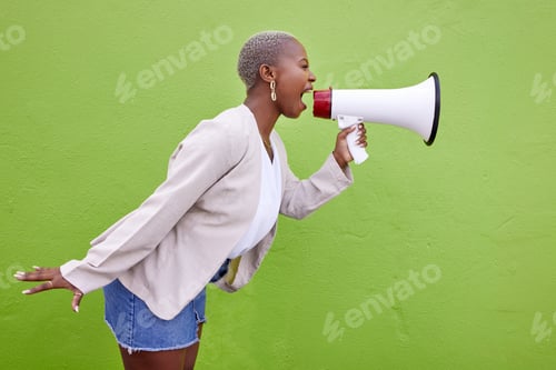 Preview: Black woman, megaphone and protest on mockup space in advertising or voice against a studio backgro