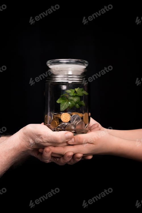 Preview: Close-up partial view of grandfather and granddaughter holding coins and plant in jar