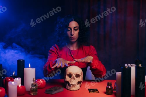Preview: brunette oracle during magic session near skull and burning candles on dark background with blue