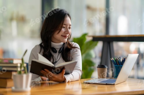 Preview: Education study abroad, Asian student girl look at laptop while doing homework making video call abr
