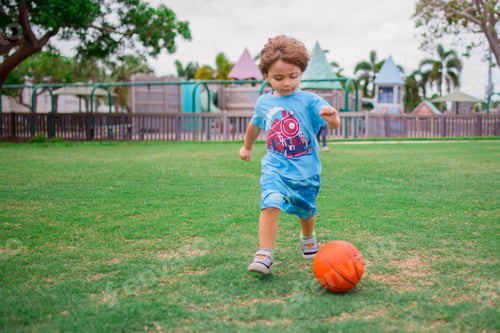 Preview: Caucasian little boy playing with ball in greenery field