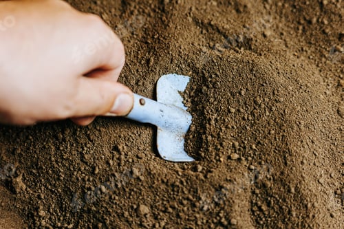 Preview: Selective focus on the dirt-covered shovel in a farmer's hand