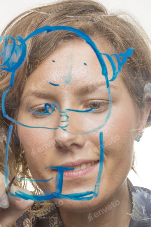 Preview: Beautiful Girl Painting, Shot From Low Angle, Thought Artist Table Glass.