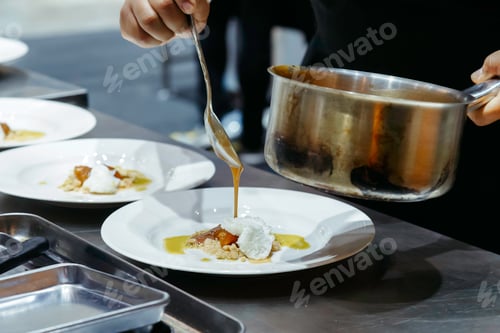 Preview: chef cooking add sauce to dessert dish. decorating delicious meal in restaurant kitchen for dinner.