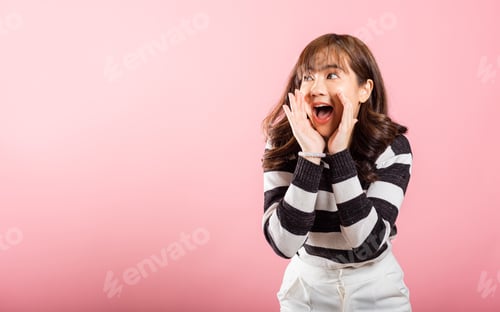 Preview: Asian happy portrait beautiful cute young woman teen standing hand on mouth talking news