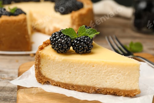 Preview: Piece of delicious cheesecake decorated with blackberries on table