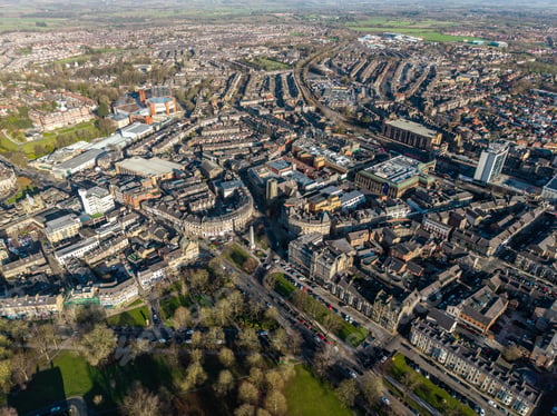 Preview: Aerial panoramic skyline view of the Victorian architecture of Harrogate Town centre