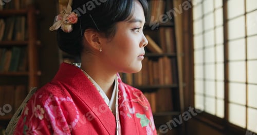 Preview: Japan, woman and kimono with relax for tradition, tea ceremony and thinking in Chashitsu room with