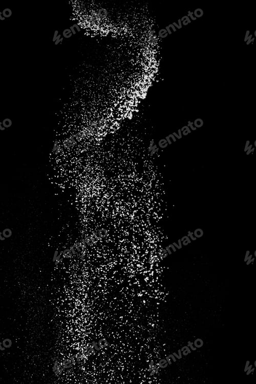 Preview: White powder splash isolated on black background. Flour sifting on a black background