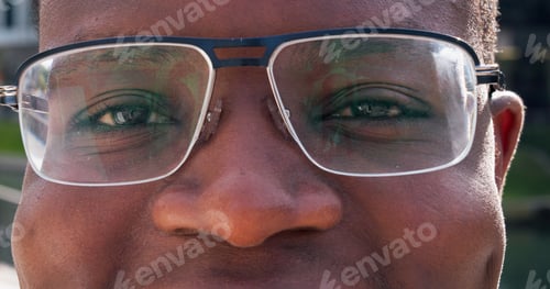Preview: Optometry, glasses and eyes of black man for eyesight, health and wellness with prescription. Spect