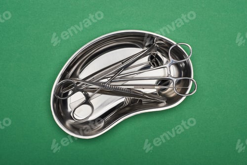 Preview: top view of metallic plate with set of dental tools and scissors isolated on green