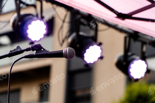 Preview: Microphone ready for the concert on a summer music festival