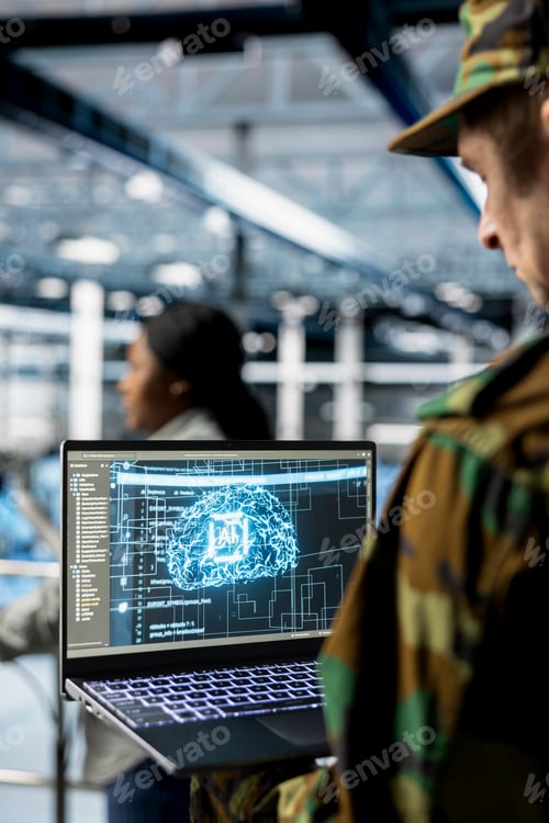 Preview: Close up of army tech expert in data center tracking threats using AI