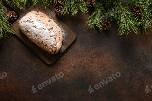 Preview: Christmas border with evergreen branches and cone. Xmas greeting card.
