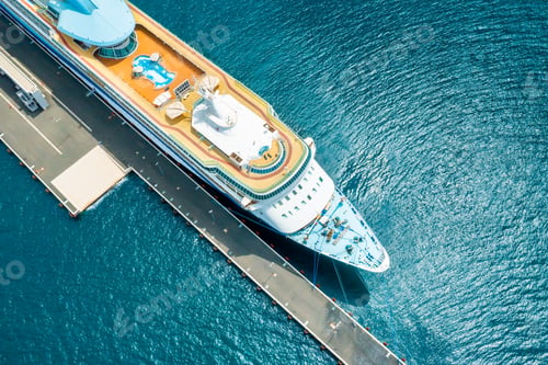 Preview: Top view of a large cruise liner ship with swimming pool moored in marina of Adriatic sea