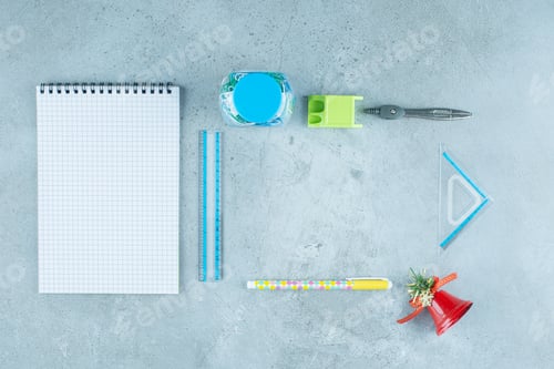 Preview: Empty notebook with office suppliers on a marble background