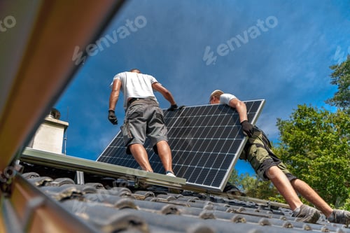 Preview: Men worker installing solar photovoltaic panels on roof, alternative energy, saving resources and