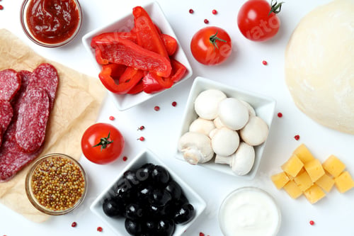 Preview: Concept of cooking pizza on white background