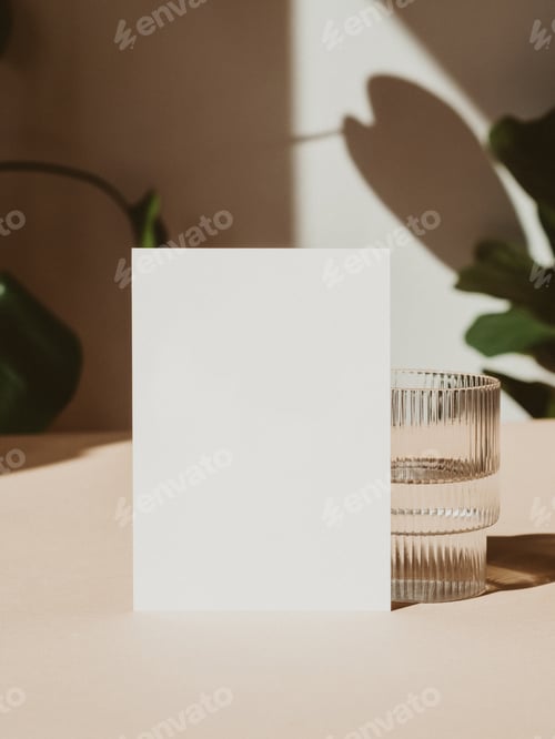 Preview: Blank paper sheet cards mockup, glass and plant shadow