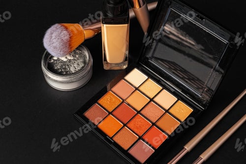 Preview: Professional makeup brushes and tools, make-up products set on dark table