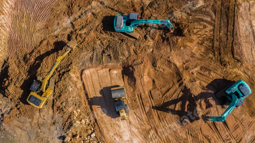 Preview: Aerial view road motor grader flatting dirt road surface, Motor grader road construction grader.