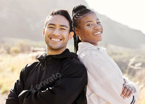 Preview: Fitness, nature and a man and black woman with smile go hiking or running. Strong and happy couple